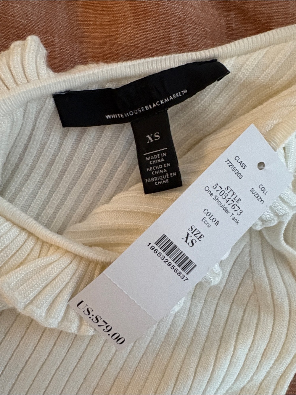 White House Black Market NWT One-Shoulder Ruffle Ribbed Tank in Ivory - Picture 2 of 11